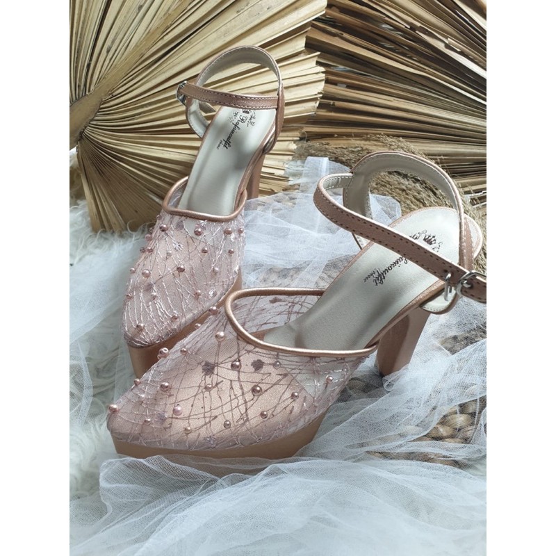 sepatu purri rosegold abstrak lace mutiara tabut tinggi 12cm