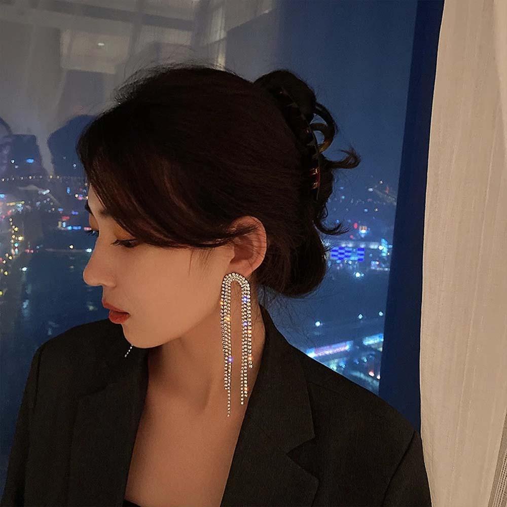 Anting Rumbai Panjang Aksen Kristal Berlian Imitasi Gaya Korea