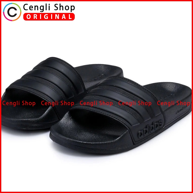 SANDAL ADIDAS PRIA ORIGINAL SLIDE ADILETTE SHOWER ALL FULL BLACK HITAM POLOS