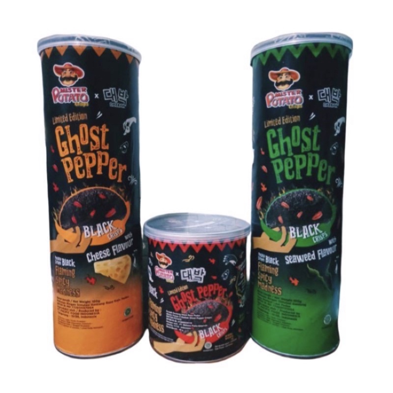 

Mister Potato Ghost Pepper Potato Chips black Flaming Spicy Madness / Original / Seaweed / Cheese / pedas / rasa / keju / rumput laut / Mister / Potato / Ghost / Pepper / Potato / Chips / black / Flaming / keripik kentang / Spicy / Madness