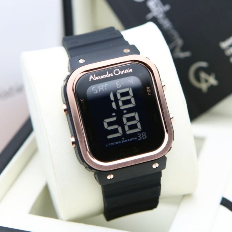 Alexandre Christie Original AC 9347 Jam Tangan pria Tali Karet hitam rose gold