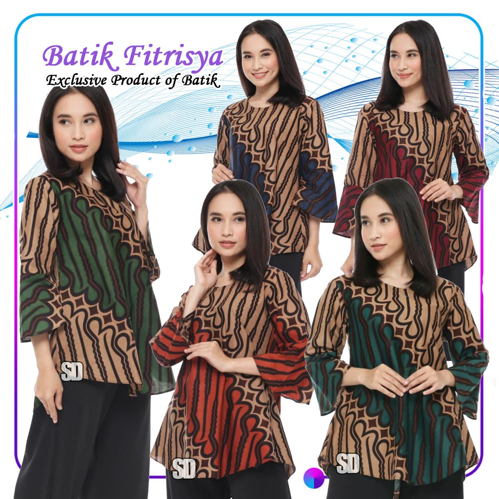 BLOUSE BATIK ATASAN WANITA MODERN BAHAN KATUN PREMIUM WARNA MERAH HIJAU BIRU KOMBINASI COKLAT