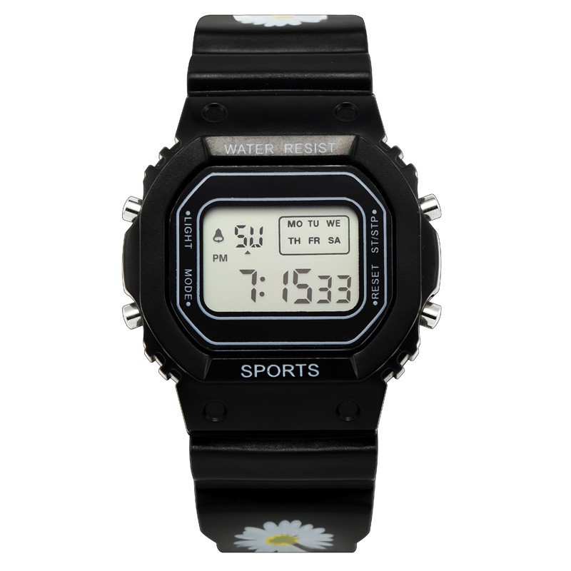 Jam Tangan Wanita Digital Strap Rubber Bunga Daisy Korea Style Fashion Sport Import-44-8 Hitam