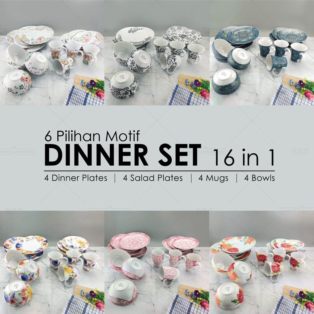 Sango Dinner Set 16 in 1 Pilihan Motif Bunga Warna Floral Melangi Red Agustina Claudette Blue Huang