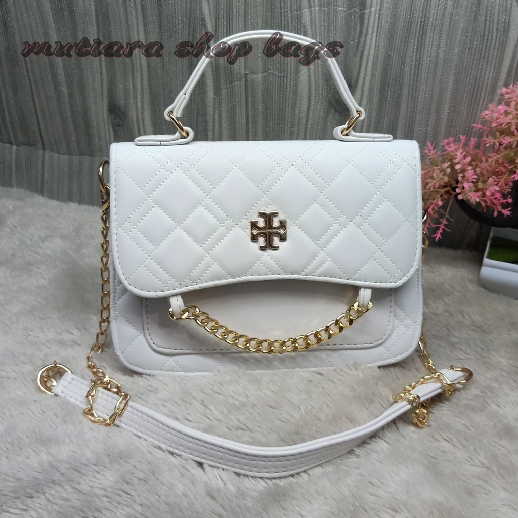 New Model!!! Tas Selempang Korea Black White  Bordir Torri2 Full Acc Import Tali Rantai Kombinasi