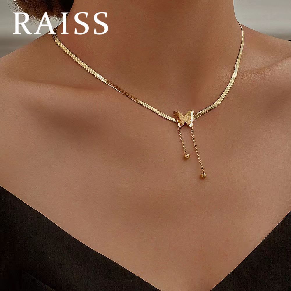 Kalung Titanium Kupu- kupu Gold Juntai Kalung Rantai Tulang Ular Liontin Kupu-Kupu Bahan Titanium Steel Warna Emas Untuk Wanita