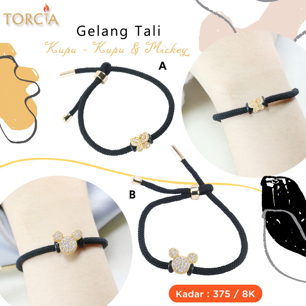 Gelang Tali Charm Emas Asli Kupu-Kupu & Mickey Kadar 375 Torcia