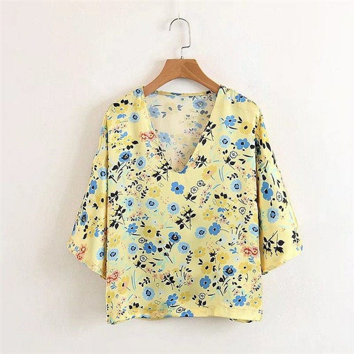 Yellow Floral V Neck Blouse