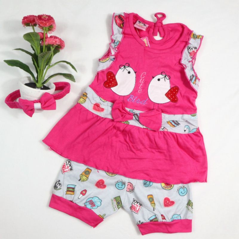 SETELAN BABY FASHION BAJU ANAK CEWEK MOTIF TWO BIRDS SR129 1 TAHUN BORBIR