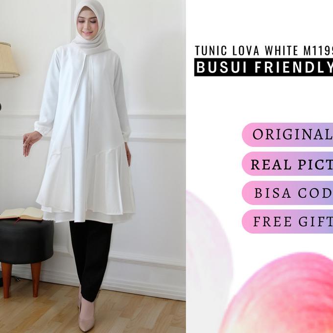 BUSUI FRIENDLY BAJU ATASAN ZIPPER DEPAN TUNIK PANJANG PUTIH LOVA M1199