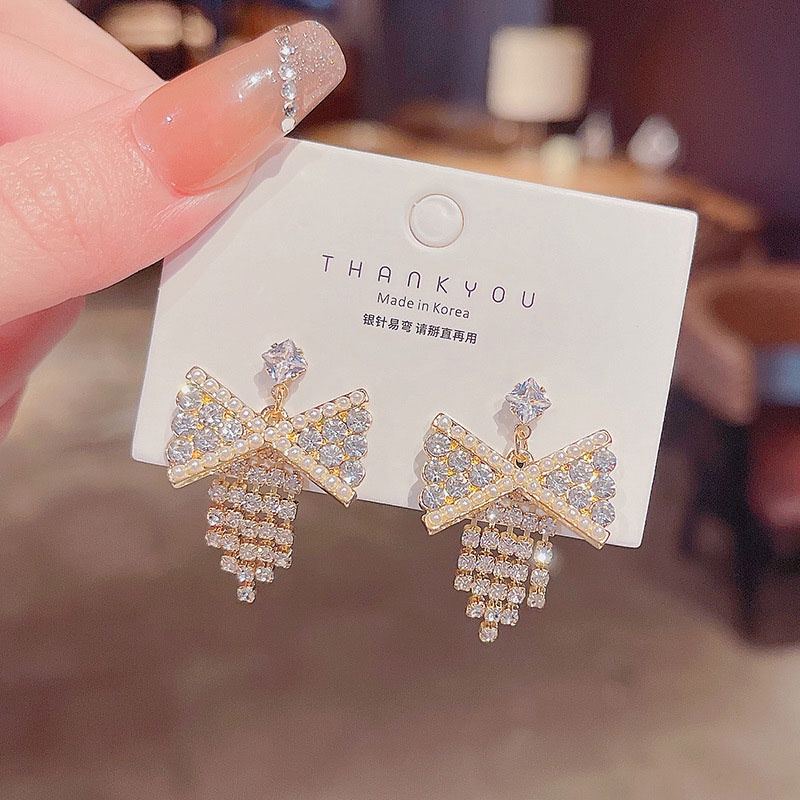 Anting Tusuk Sterling Silver 925 Desain Pita Hias Mutiara + Berlian Untuk Wanita