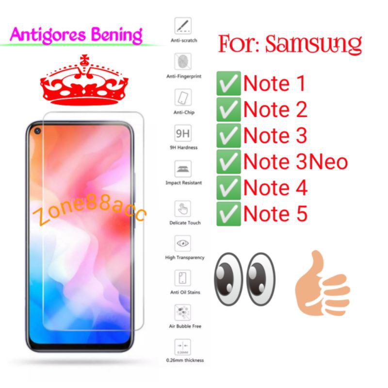 Samsung Note 1 2 3 4 5 note1 note2 note3 note4 note5 3neo Neo Antigores Bening Tempered Screen TG