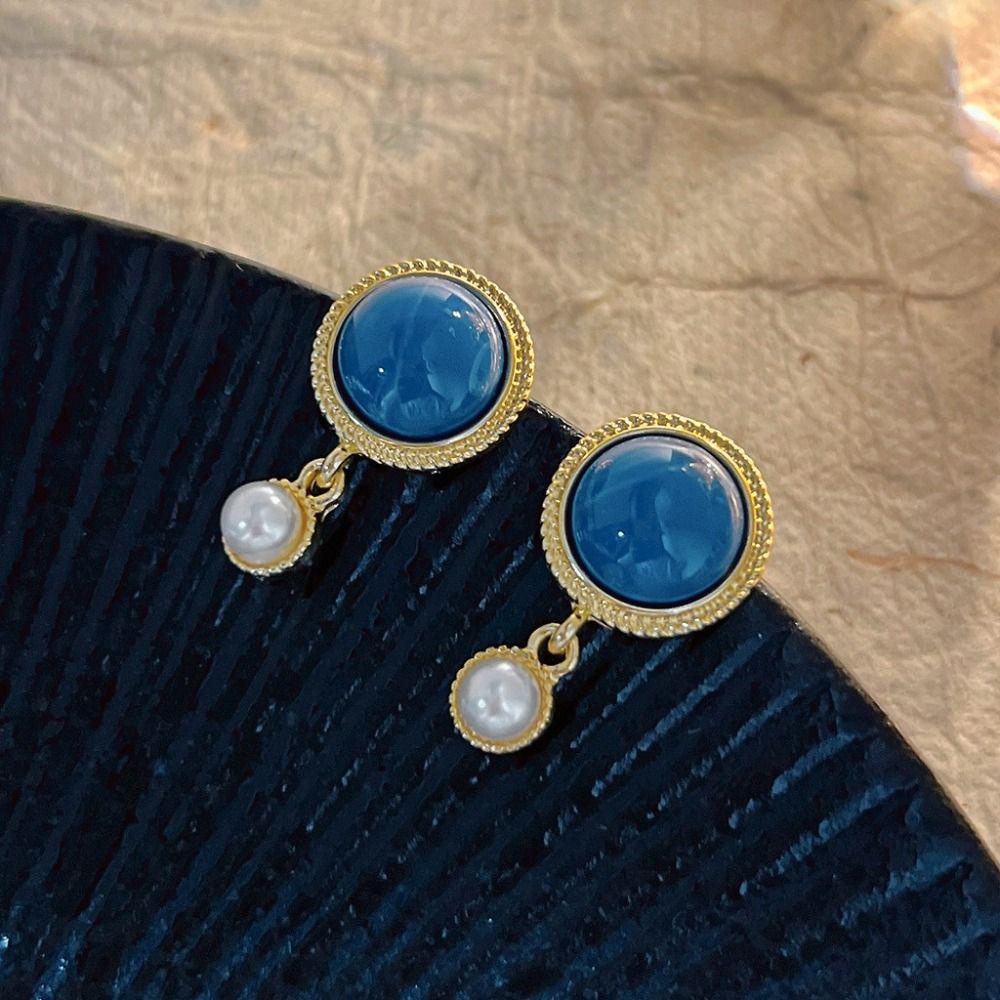 Mxbeauty Anting Danube Biru Tren Baru Retro Mutiara Imitasi Temperamen Pengadilan Gaya Korea Earrings