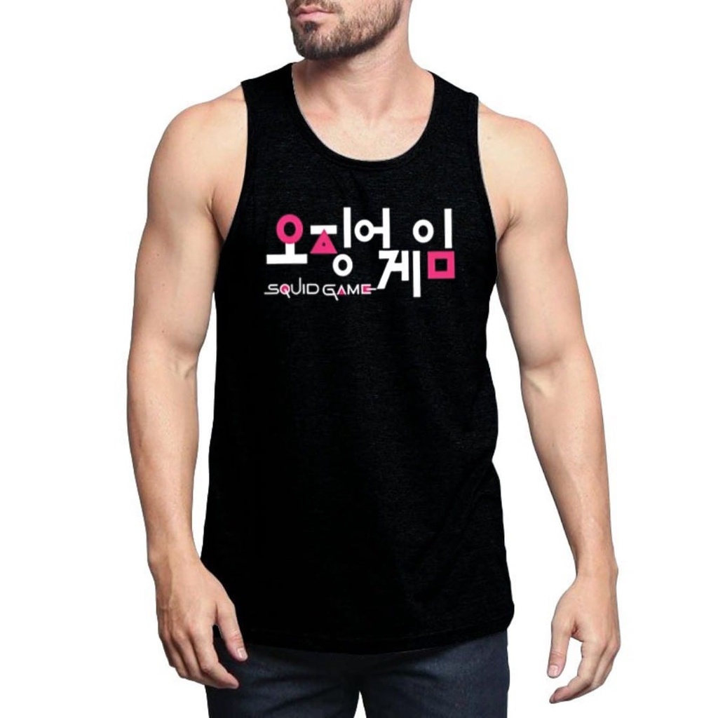 Tank Top For Man-Singlet Pria Kaos Olahraga Gym-Huruf Korea/SQG-Pakaian Pria/Cowok-Atasan Tanpa Leng