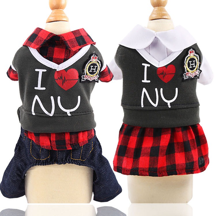 Pet Clothes T Shirt Couple High School Motif Kotak Untuk Anjing Dan Kucing