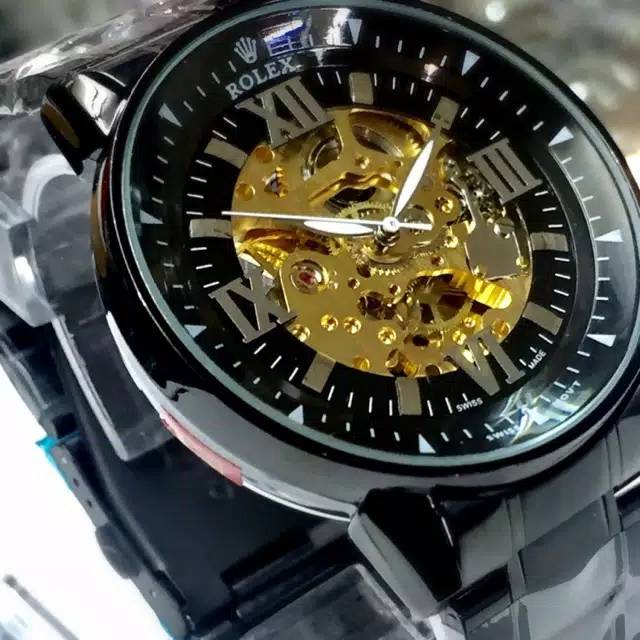 Jam Tangan Rolex Pria | Skeleton Chain | Rantai | Automatic | Otomatis | Romawi A Hitam | Fullblack