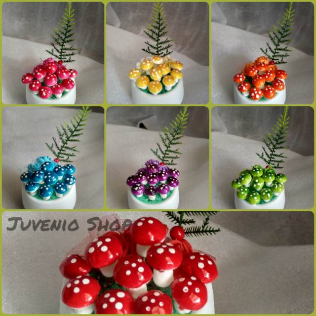 Set Pot + Jamur dan Bunga Mawar Mini Lucu | Tanaman Artifisial | Bunga Hias Plastik