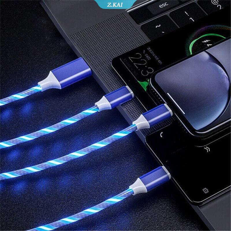 3in1 Kabel Data / Charger Micro USB / Type C 1.2M Fast Charging Dengan Lampu LED Untuk Iphone / Samsung