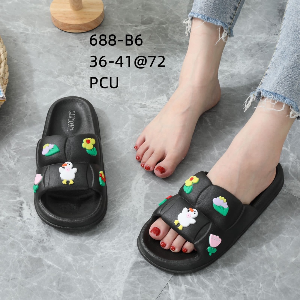 Sandal Slop Wanita Import Karet Jelly Empuk Elastis Motif Bebek Sol Anti Slip Tebal 688-B6