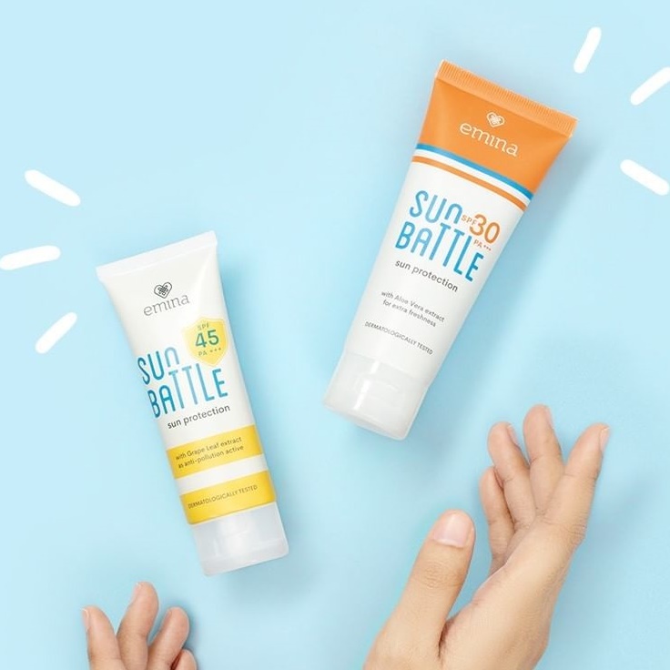 Sunscreen Wajah EMINA Sun Battle SPF 30 /  SPF 45 PA+++ Sun Protection - 60 ml / 30 ml - BPOM - Sunblok Sunblock Sunscren Sunsreen Batle Tabir Surya Skincare Orange Kuning