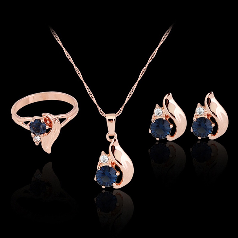 Set Perhiasan Wanita,Kalung Rantai Liontin + Anting Tusuk + Cincin Lapis Emas