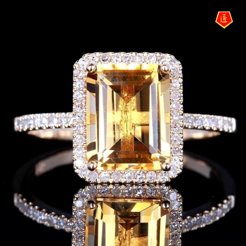 [Ready Stock]Fashion Champagne Square Diamond Ring Micro-Inlaid Yellow Gem