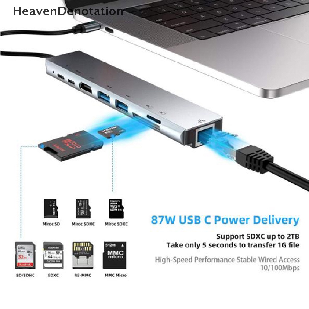 (Heavendenotation) 8 In 1 Hub Adapter Multi Port Usb 3.0 Tipe-C Ke Hdmi 4k