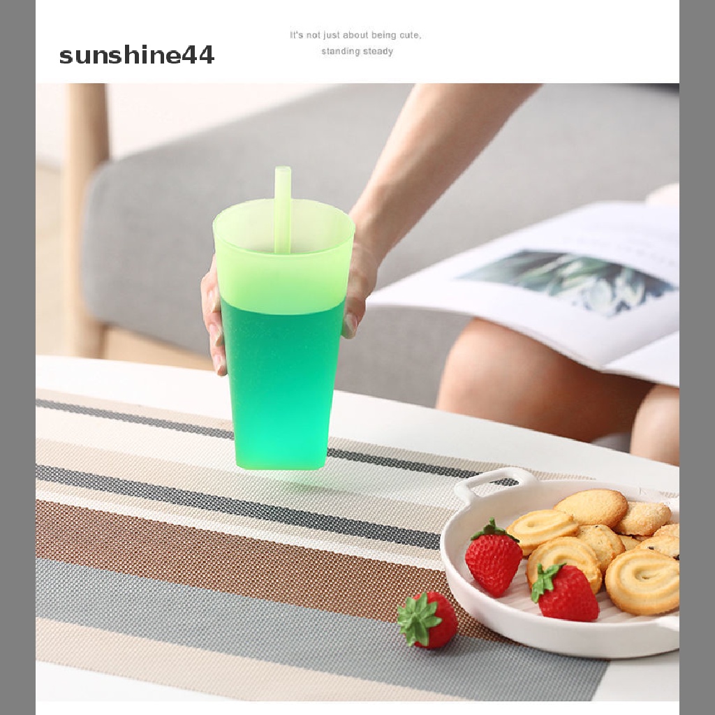 Sunshine 1pc Gelas Minum Dengan Sedotan Built in Warna Polos Untuk Bayi / Anak