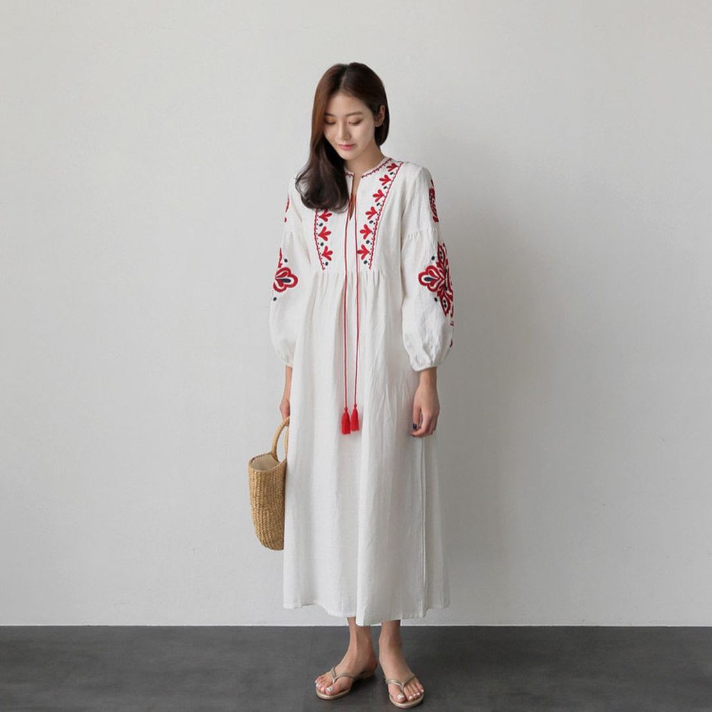Bohemian Dress Bordir Gamis Kasual Pakaian Wanita Vintage Maxi Dres Longdres Baju Kondangan Harian P