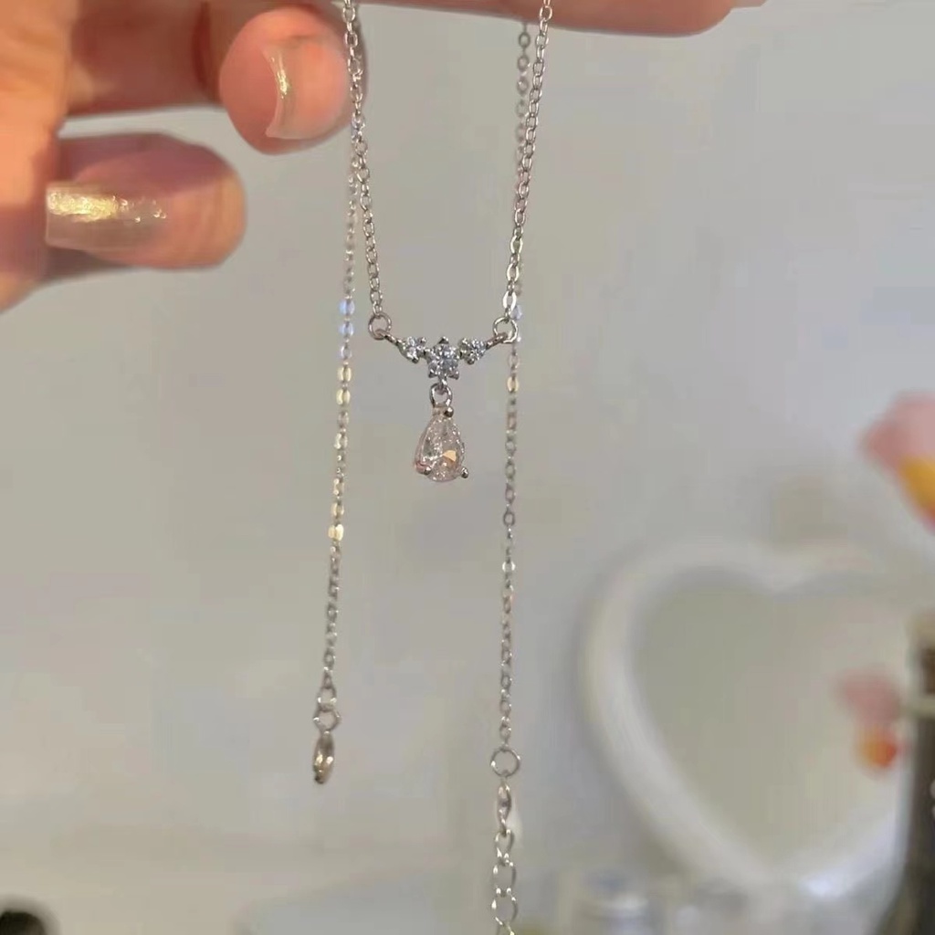 IFYOU Kalung Rantai Choker Zircon Droplets Warna Silver Gaya Korea Untuk Wanita