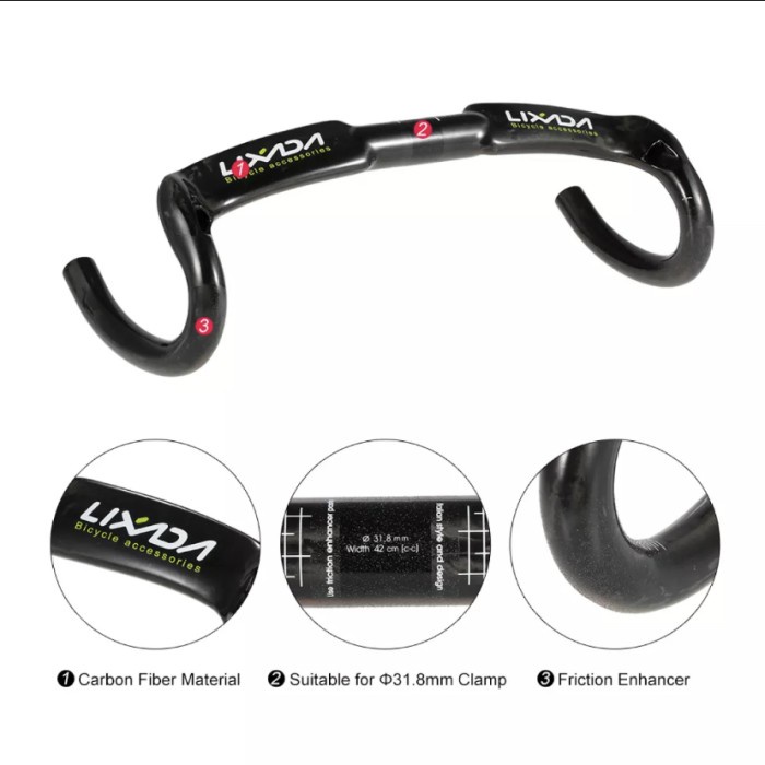 Handlebar Dropbar Road Bike LIXADA CARBON 400,420, 440 mm Ultra ringan - Hitam glosy, 400 mm