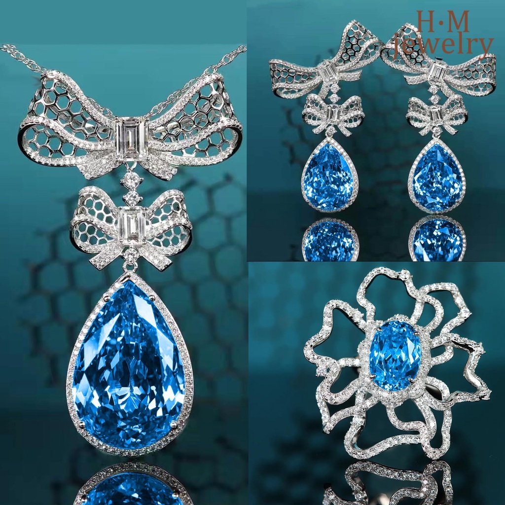 Set Kalung Anting Stud Cincin Desain Pita Aksen Berlian Topaz Biru