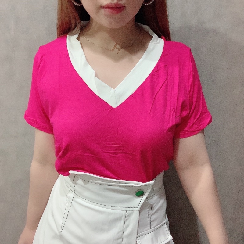 Color Block V-Neckline  | Baju Kaos Jumbo Bigsize Atasan Wanita | Maimon Grosir