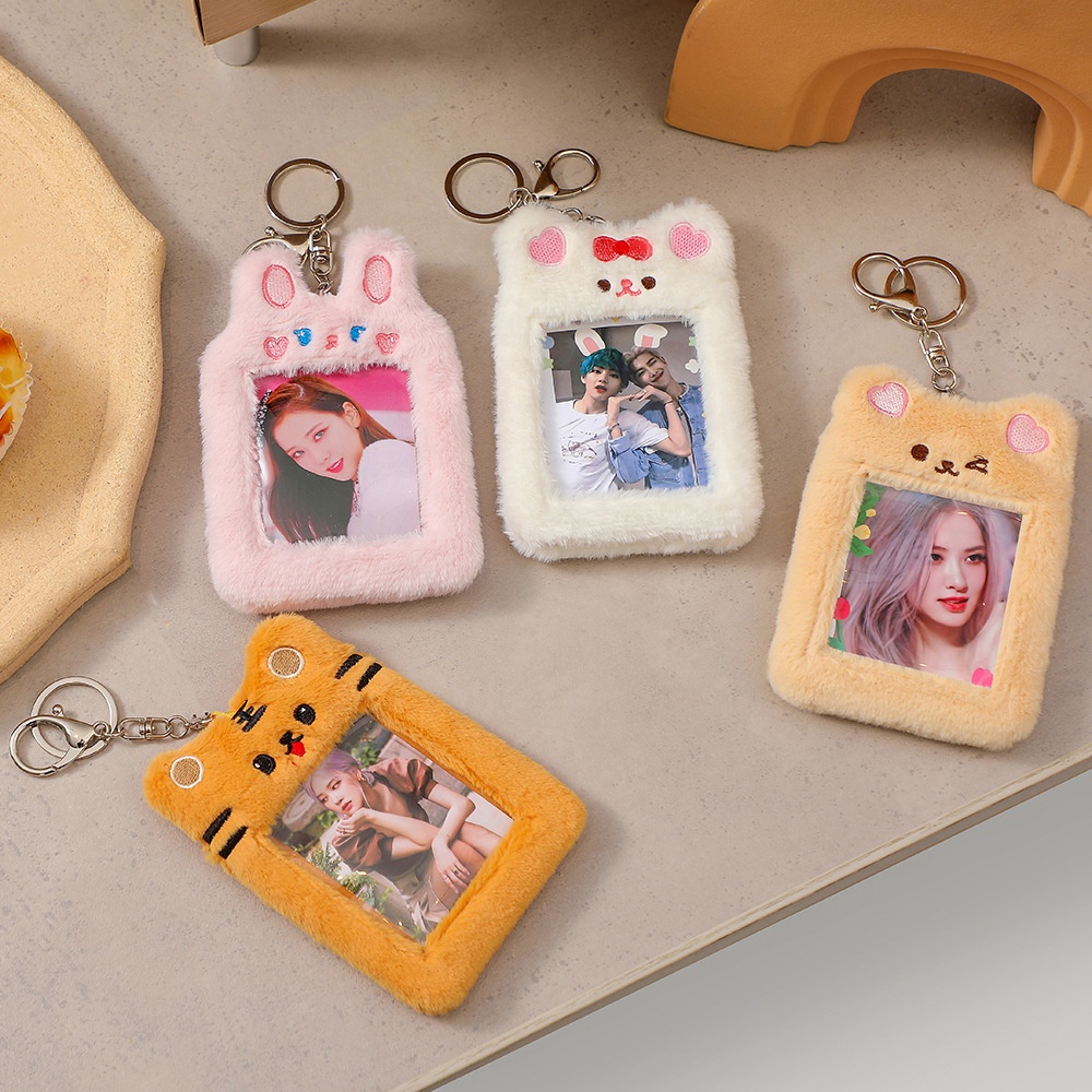 INS Plush Rabbit Photocard Holder dengan Keychain Cute Bear Credit ID Bank Card Bag Idol Photo Protective Case Stationery