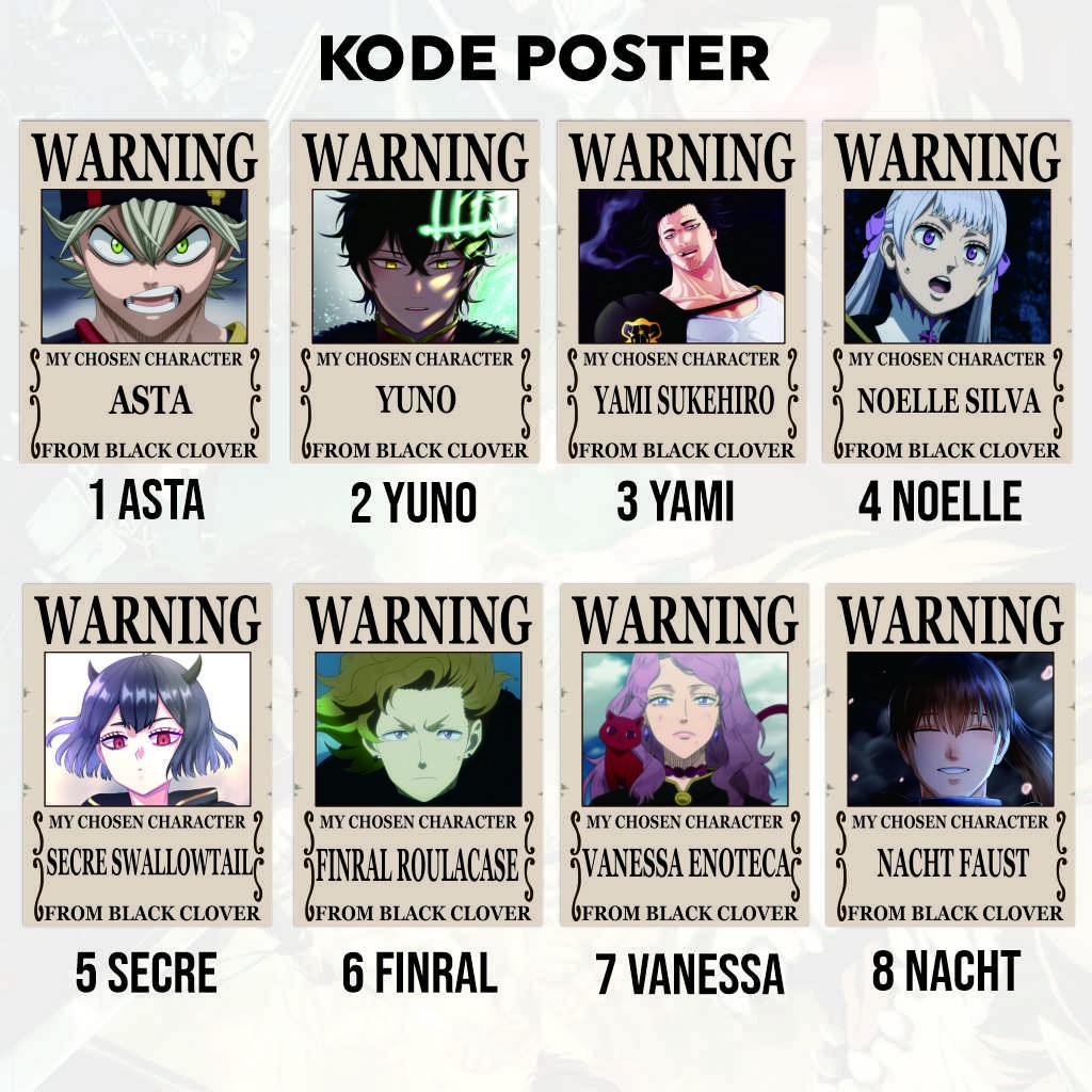 Poster Anime Warning Black Clover Koleksi A4 - Asta Yuno Yami Noelle Nacht Secre-4