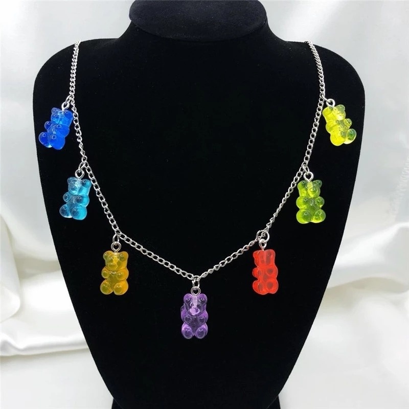 Kalung Choker Handmade Dengan Liontin Kartun Gummy Bear Warna Permen Gaya Korea