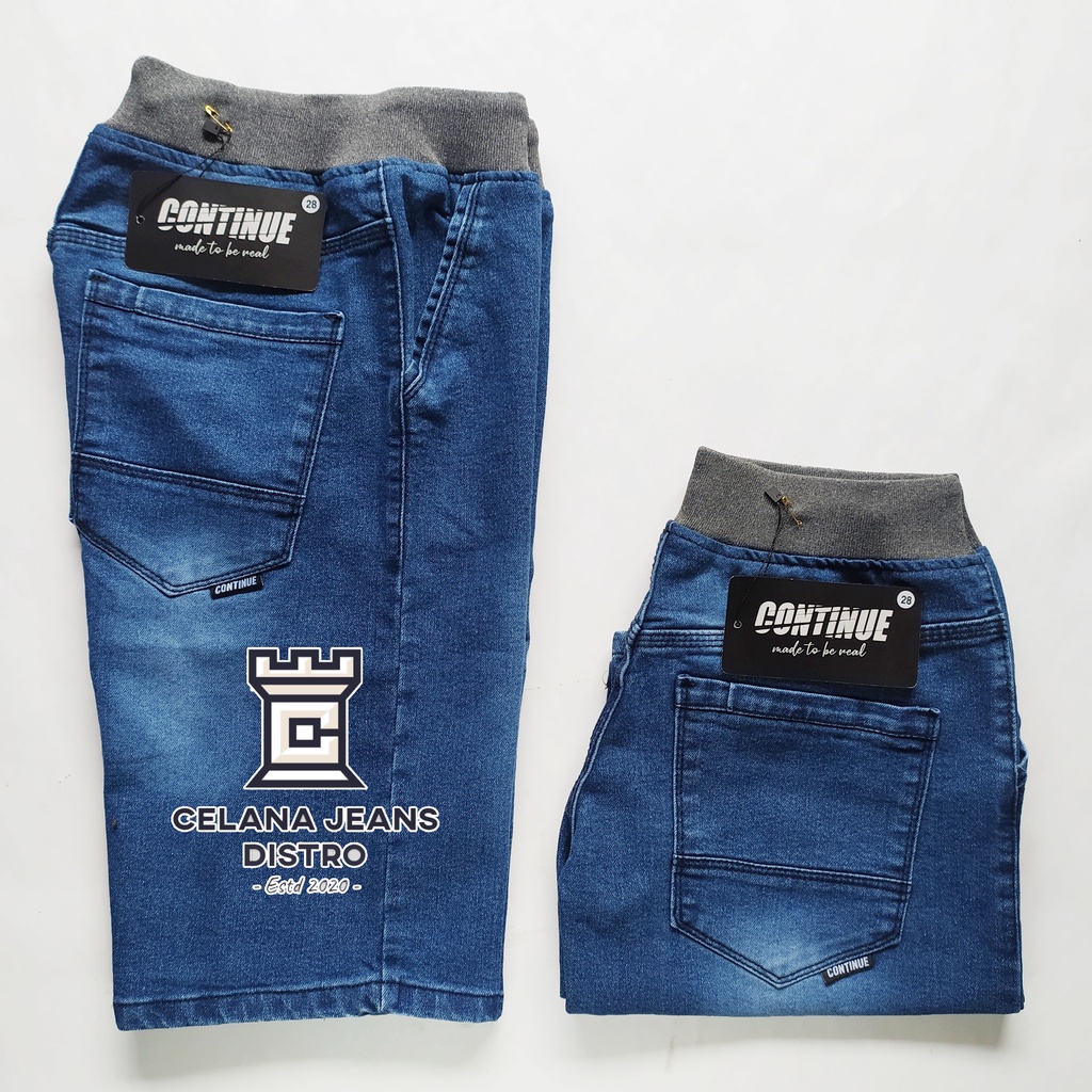 Celana Jeans Pendek Pria Pinggang Karet Biru Distro Continue