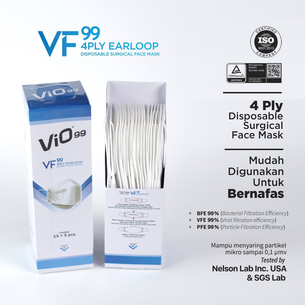 Masker Medis Vio VF99 4Ply Earloop 25+5's / Masker Medis