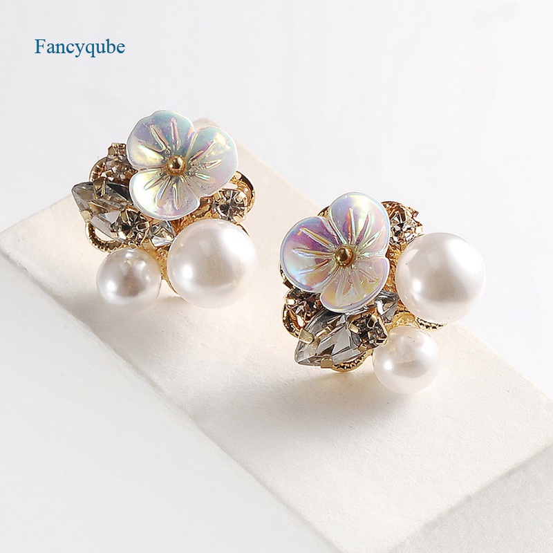 Fancyqube Anting Klip Tanpa Tindik Desain Bunga Hias Kristal Mutiara Imitasi Gaya Korea Untuk Wanita