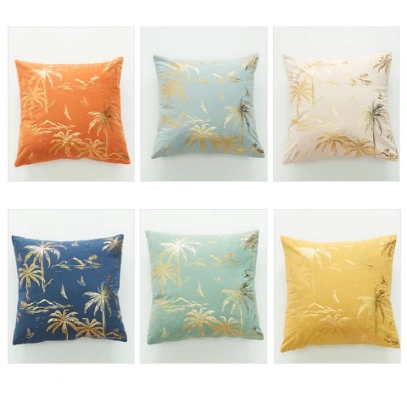 Cushion Cover Velvet Gold Print Sarung Bantal Sofa 45x45 cm Beludru Emas Tebal Tropical Style Premium Mewah Impor