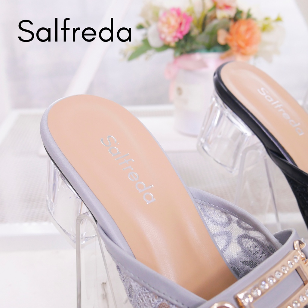 Sendal Slop Kekinian Wanita Brukat Burkat Sandal Sepatu Pesta Wedding Pernikahan Tumit Hak Kaca 5 cm Clovers Wanita Terkini Promo DV70002