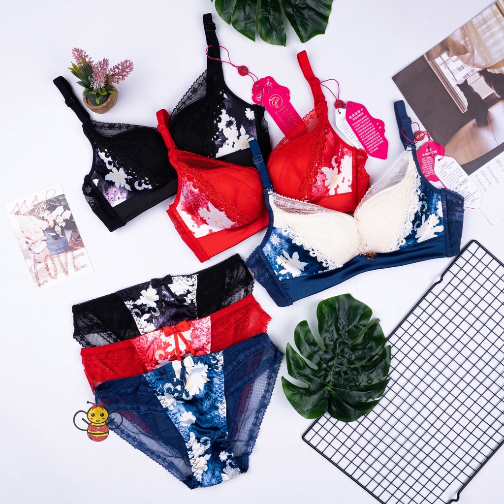 BEE - Bra Bh Set Push Up Tanpa Kawat Pakaian Dalam Stelan Wanita Import Sexy TM 8312