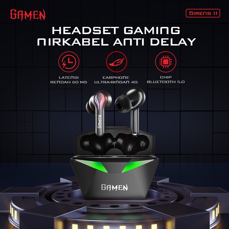 NEW GAMEN Sirens II Headset Earphone TWS Anti Delay Low Latency 60 MS LED HD Sound Original - Garansi Resmi 1 Tahun