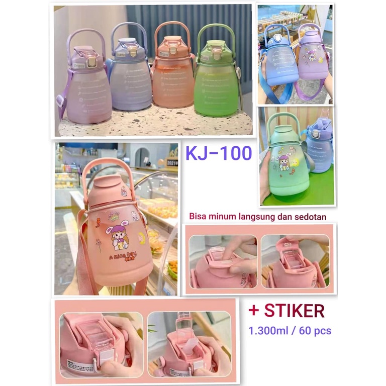 KJ-100 BOTOL MINUM VIRAL MOTIVASI PENANDA WAKTU + STIKER  / BOTOL BIG BELLY GRADASI DOFF 1.3 LITER 1300ML KJ100