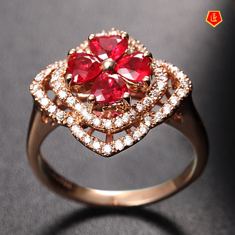 [Ready Stock]Elegant Personality Rose Gold Ruby Flower Ring