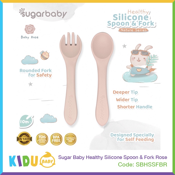 Sugar Baby Healthy Silicone Spoon &amp; Fork Peralatan Makan Bayi Sendok Garpu MPASI Bayi Kidu Baby