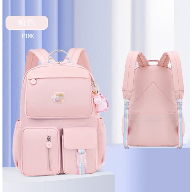 TAS SEKOLAH RANSEL ANAK SD/SMP/SMA CEWEK WARNA SOFT PASTEL CANTIK LUCU WATERPROOF (TAHAN AIR) 202 ukuran 18 big HADIAH GANTUNGAN-PINK