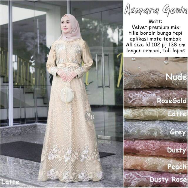 DRESS PESTA GAMIS ASMARA GOWN BROKAT TILE BORDIR MUTIARA MIX VELVET IMPORT MODERN MURAH