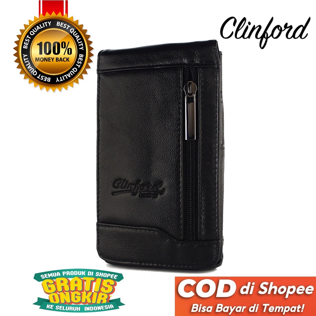 TOKOKOE - Dompet Sarung HP Handphone - Bahan Kulit Sapi Asli - Clinford 218 Hitam