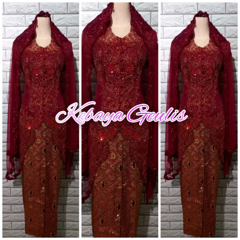 set kebaya pesta ibu hajat ibu besan warna maroon model merak kebaya modern +selendang mutiara dan r